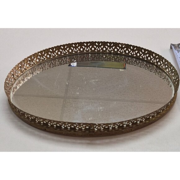 Vintage Ornate Brass Oval Vanity Tray With Mirror - Picture 4 of 9